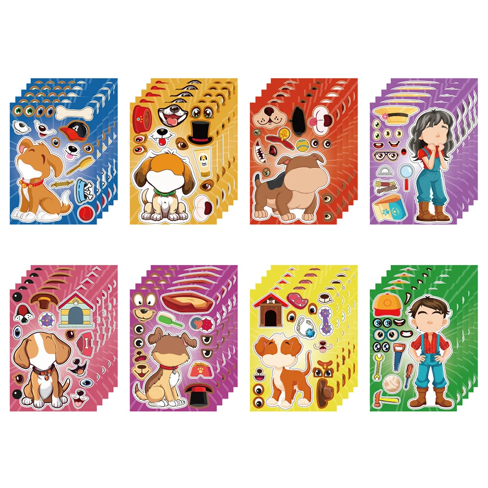 8/16Sheets Make a Face Cartoon Puppy Puzzle Stickers Games DIY Dog Children Assemble Jigsaw Kids Education Toys Party Decoration