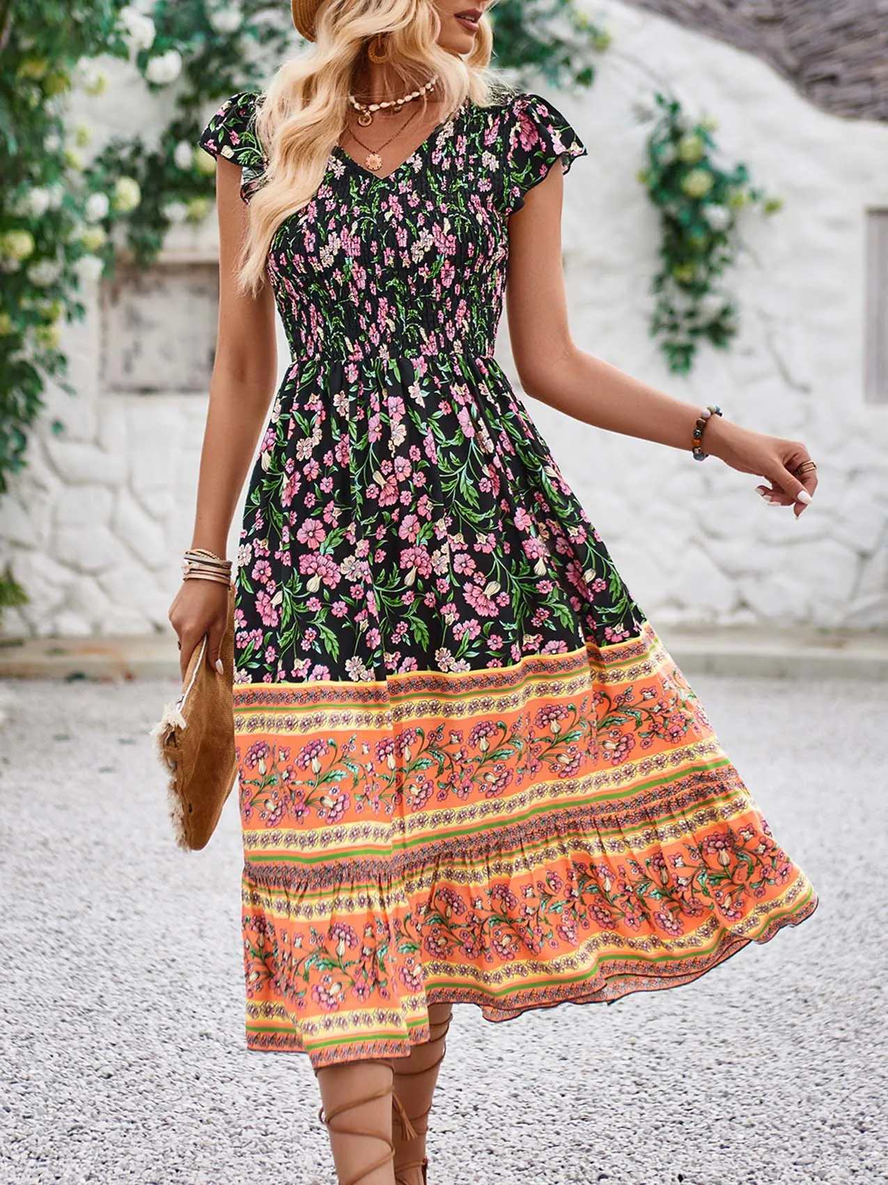 Boho Lange Jurken Vrouwen Vintage Bloemenprint Jurk Dames Zomer Korte Mouw Zonnejurk Dames Elegante Geplooide Strand Vestidos