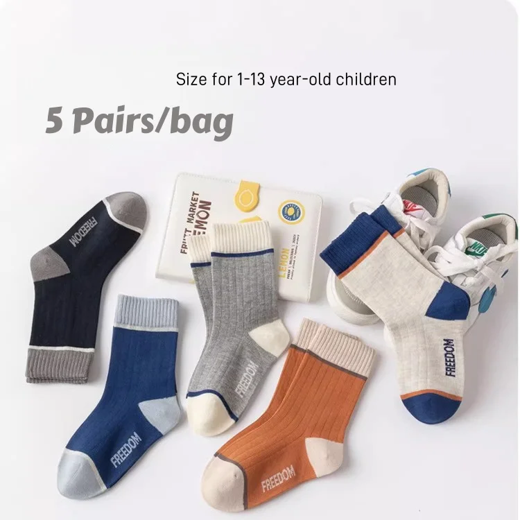 5 Paar Kindersocken, Frühlingssocken, Baumwollsocken, modische Socken mit geometrischem Buchstabenmuster für Jungen im Alter von 1–14 Jahren – Detail 5