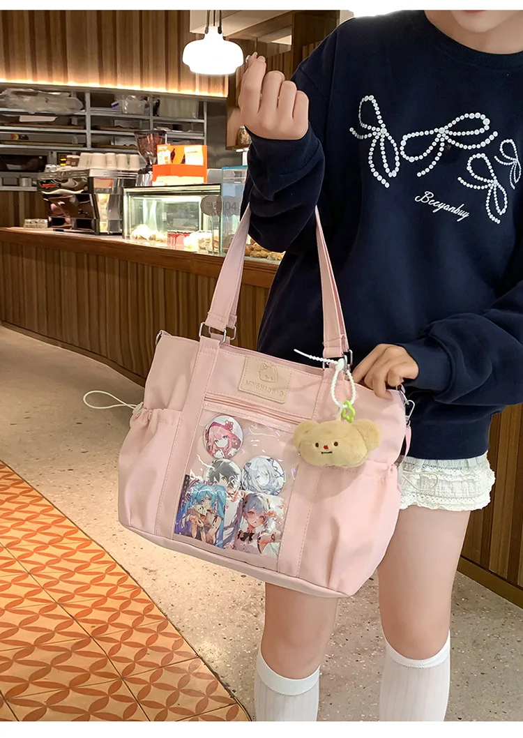 JIAERDI Y2k Harajuku Design Womens Tote Bag Canvas Large Capacity Pink Patchwork Shoulder Bag Casual Sweet Cat Fashion Schoolbag