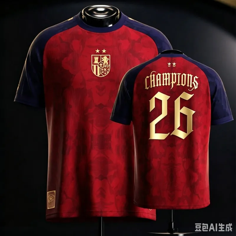 2026 Spain Champions Inspired 3D Print Soccer Jersey Red Navy Raglan Short Sleeve Unisex Quick Dry Football Fan Casual T-shirt
