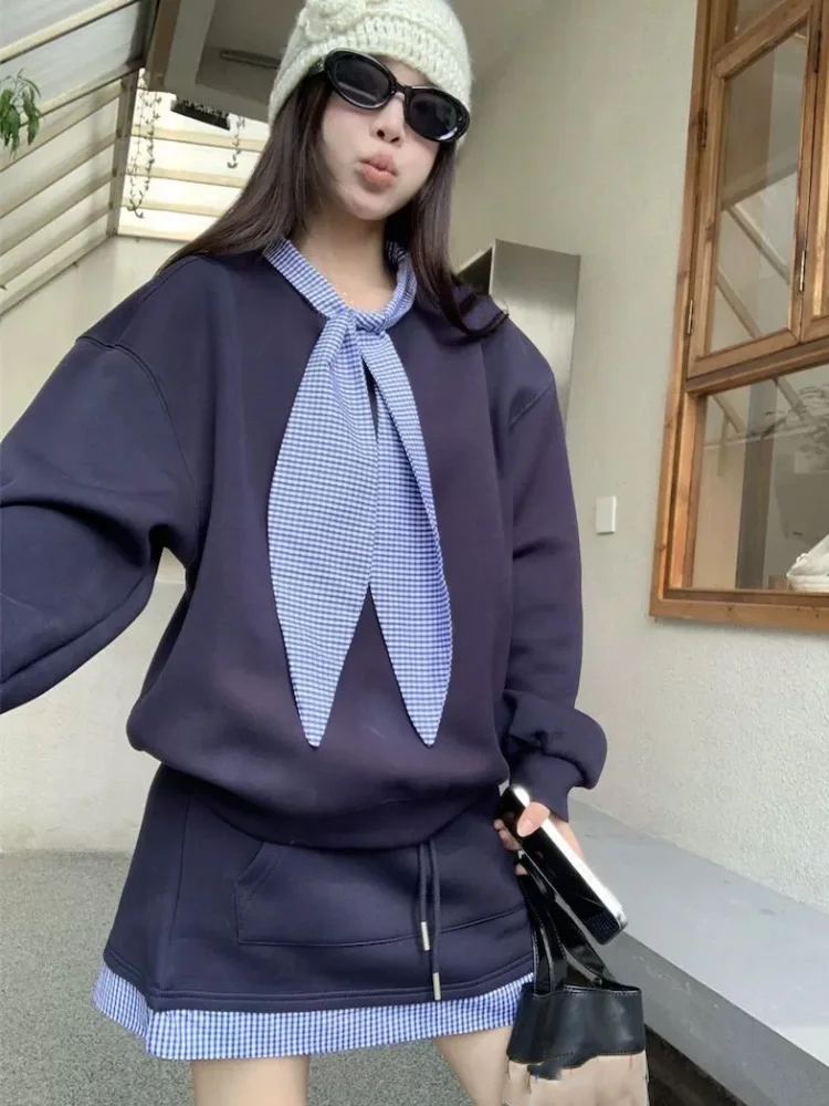 Mode Patchwork 2-delige set Dames Casual Plaid O-hals Lace-Up Conjuntos Trekkoord Hoge taille Korte rok Ensembles