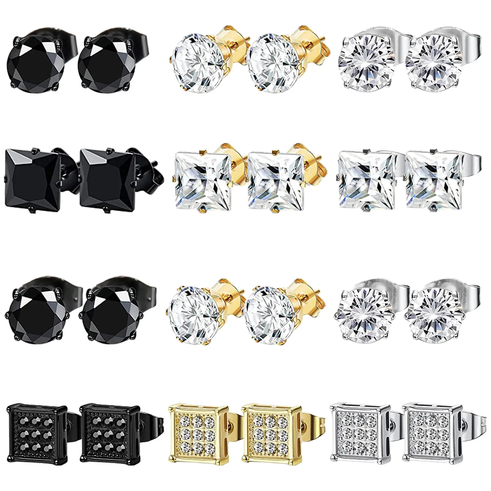 1/4/12 Pairs Unisex Simple Fashion Stainless Steel Round Square Cubic Zirconia Stud Earrings for Women Men Daily Wear Jewelry