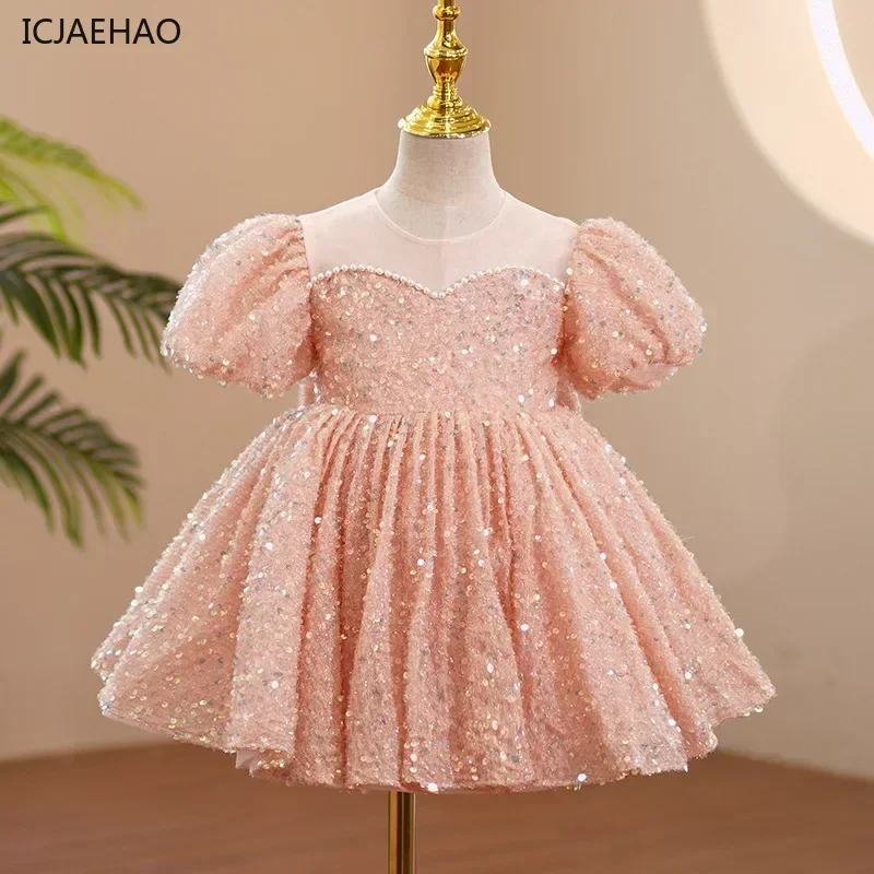 2025 Elegant Pink Glitter Girls Princess Dress Tutu Skirt Flower Kid Gown for Weddings Piano Pageant Host Outfit Toddler Clothes