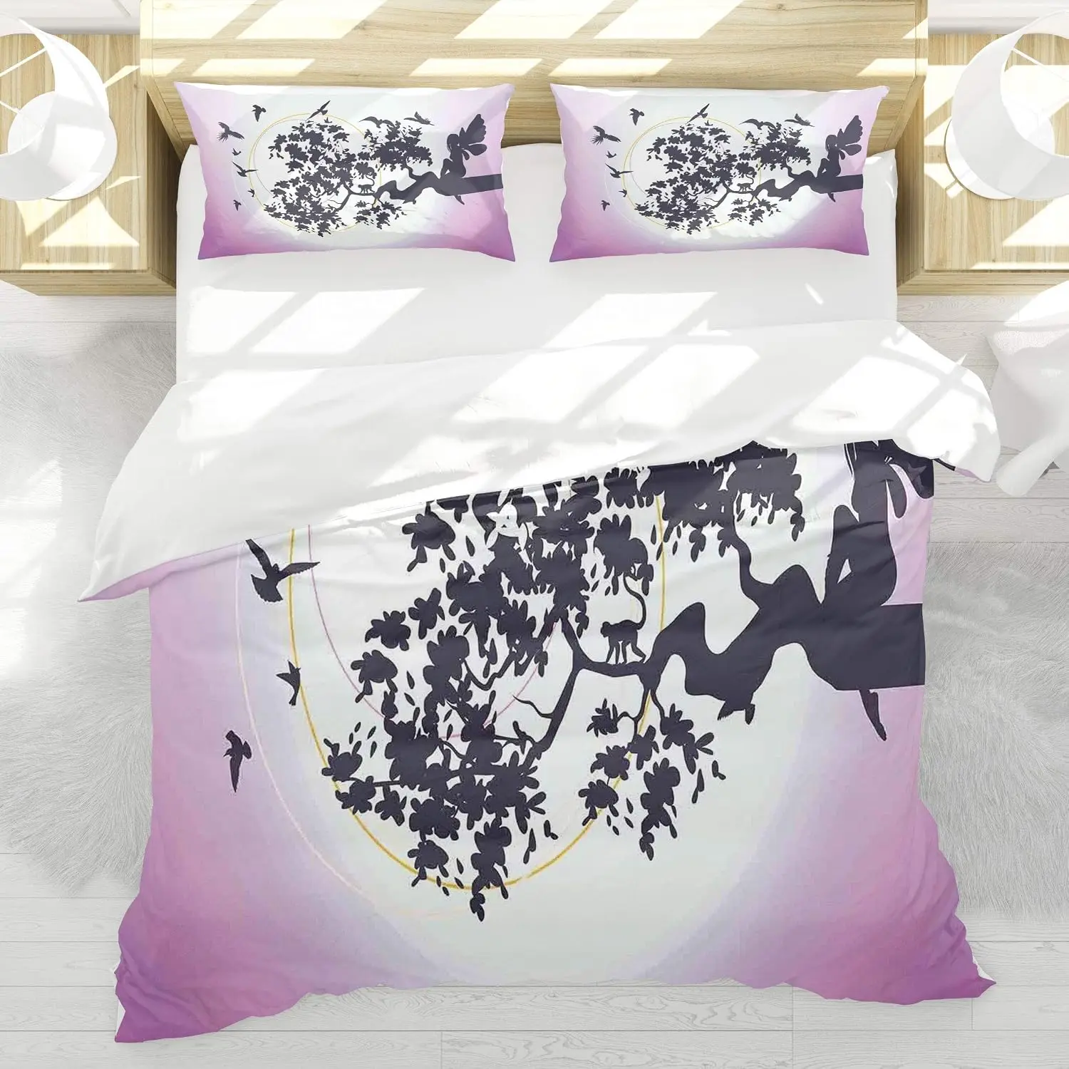 Anime Fantasy Fairy Duvet Cover Set 3-Piece Bedding Set with 2 Pillow Shams Cartoon Silhouette Decor Single Twin Size