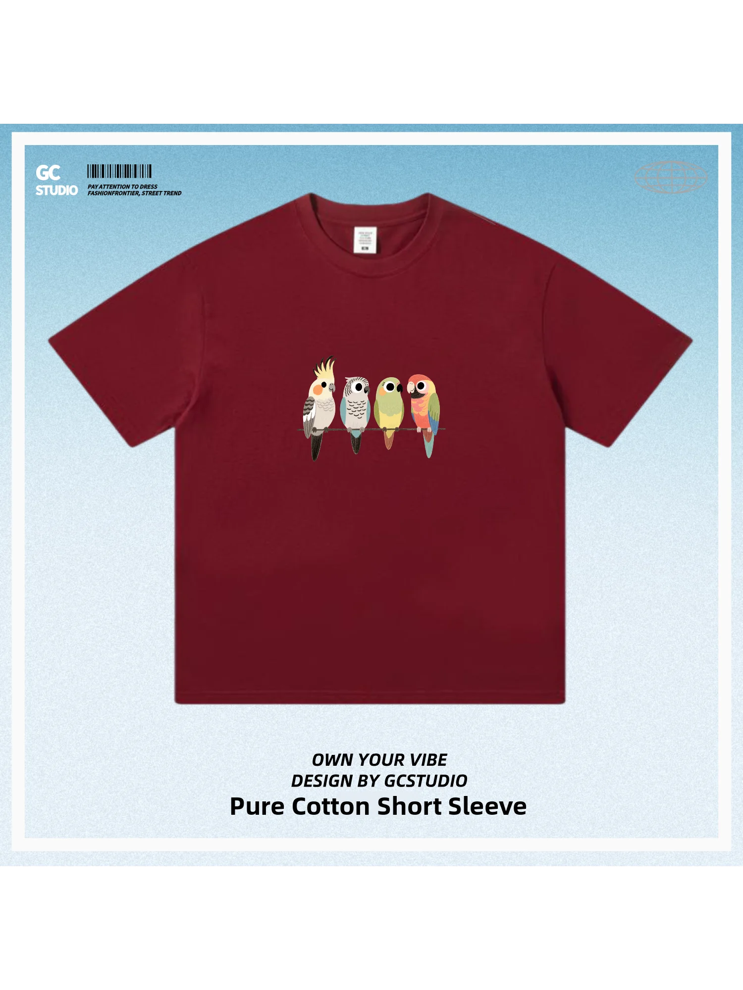 Pure Cotton Short Sleeve T-Shirt with Fun And Cute Parrot Print Breathable Casual Commute Shirt for Men And Women