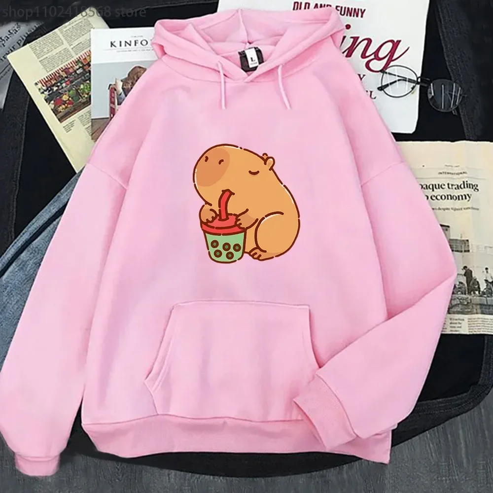 Cute Capybara Drinking Bubble Tea Hoodies Women Cartoon Animal Print Sweatshirt Autumn Winter Long Sleeve Casual Y2k Clothes Men