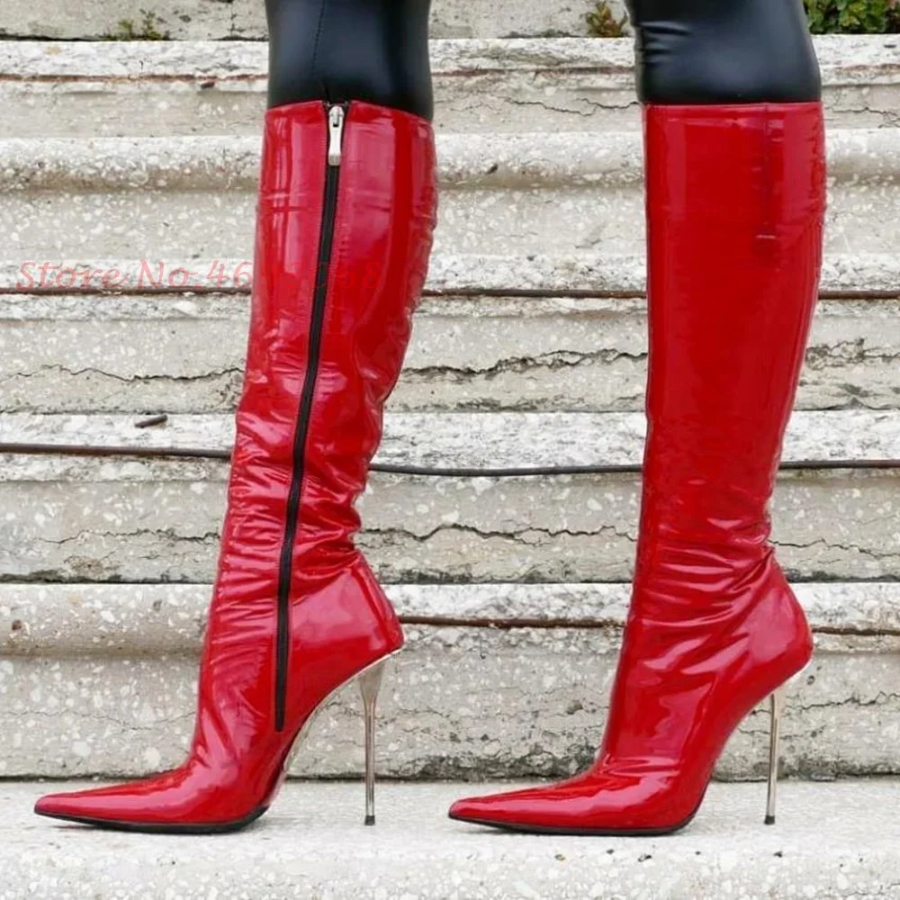 

Pointy Red Patent Knee High Boots Women Needle Heels Stretch Leather Luxury Long Boots Stiletto Heels Slender Modern Sexy Shoes