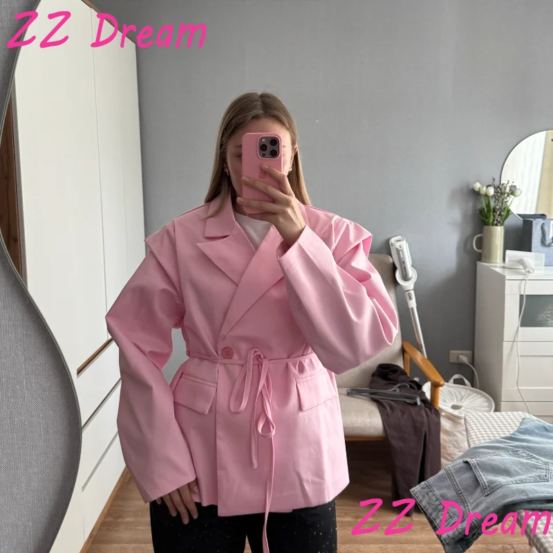2025 Office Lady Solidna marynarka z klapami dla kobiet Oversize Karbowane jednorzędowe kurtki na ramię Kurtki z długim rękawem Topy