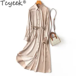 Tcyeek 93% Mulberry Silk Elegant Dresses for Women Clothes 21mm Real Silk Summer Women's Dress 2024 Long Sleeve Dress Vestidos