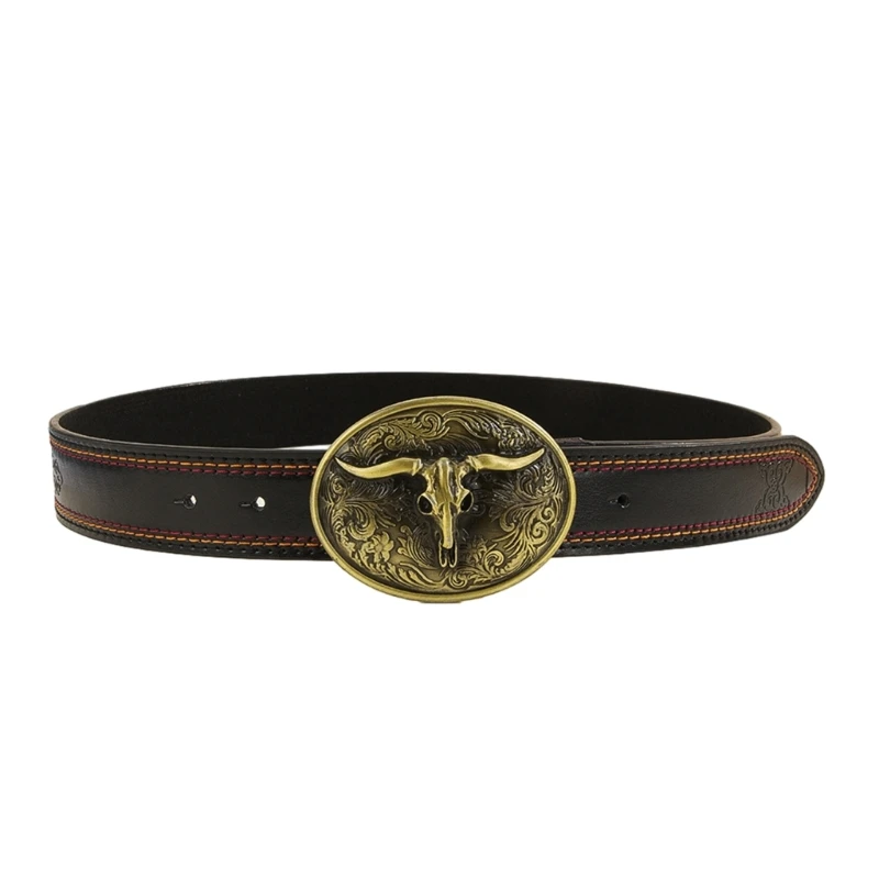 Y1UB Western Leathers Buckle Belts Cowboy Metal Buckle Belt Floral Engraved Buckle Belt for Men Jeans Decoration