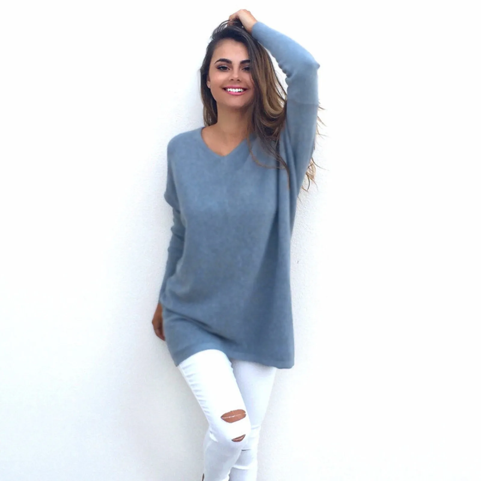 Faionable V-ne Long Sve Women's Sweater Street Sle  Color Autumn Winter Knitwear Straight Cut Comfortable Fit