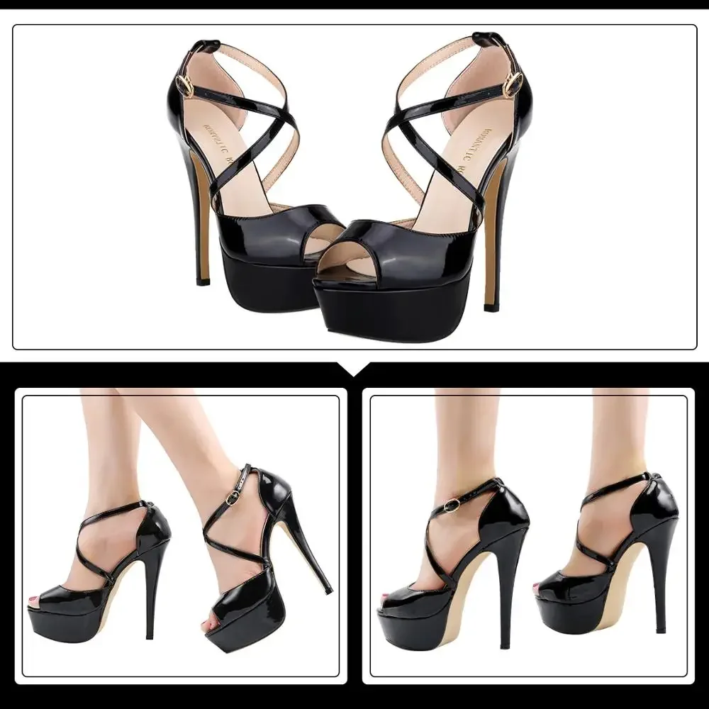 Sandalias de tacón alto con plataforma de 14CM para mujer, zapatos sexys con correa en el tobillo, Punta abierta, Stilettos, fiesta, boda, talla