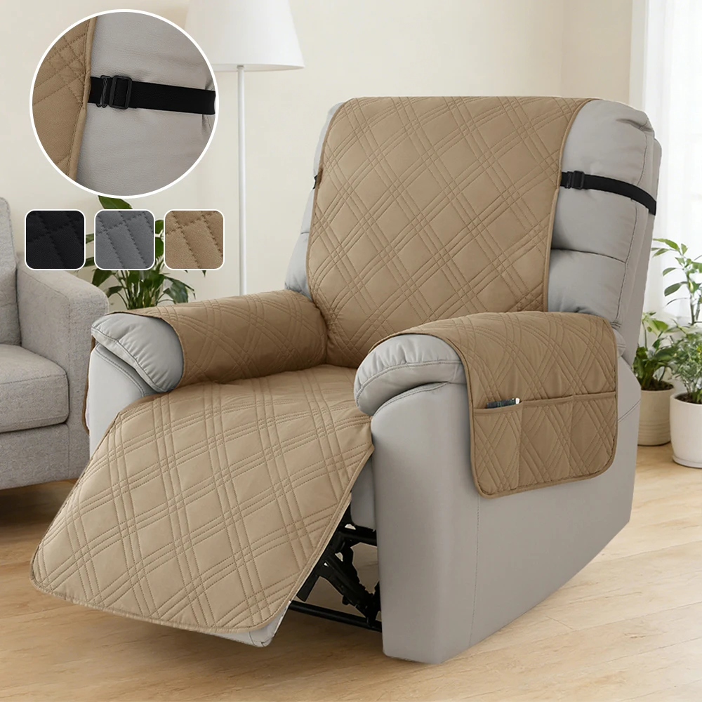 Water-repellent Quilted Recliner Sofa Slipcover Non-Slip Elastic Strap Armchair Couch with Pocket Dustproof Chair Case 1pc