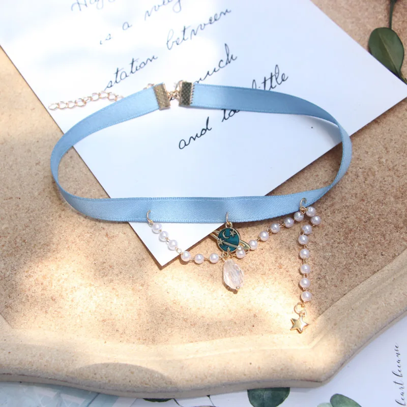 Sweet Blue Band Choker Necklace for Women Fashion Cat Pendant Moon Globe Pearl Clavicle Jewelry Accessory Girl Gift