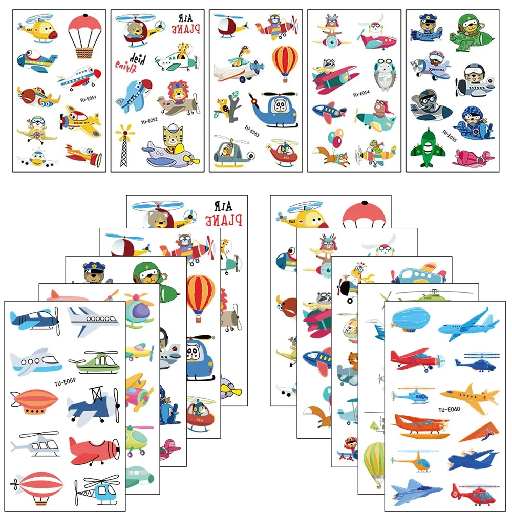 10Pcs/set Cartoon Airplane Temporary Tattoos Sticker Arm Hand Fake Tattoo for Kids Boys Airplane Birthday Party Favor Gift Decor