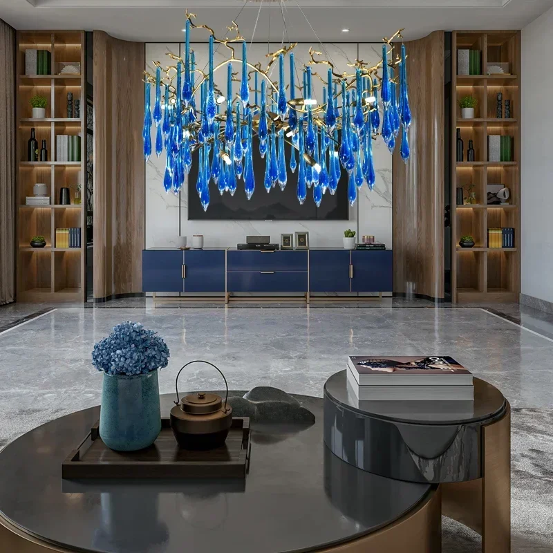 Copper Luxury Blue Crystal Chandelier Customized Villa Living Room Indoor Lighting Club Led Pendant Light