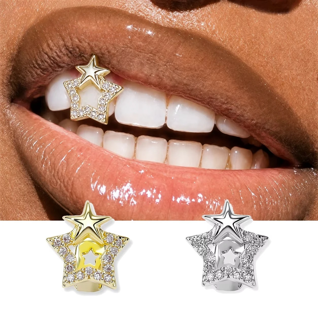 3D Five Point Star Grillz Single Copper Iced out CZ Tooth Cap DIY Hip Hop Jewelry for Men And Women Christmas Gift