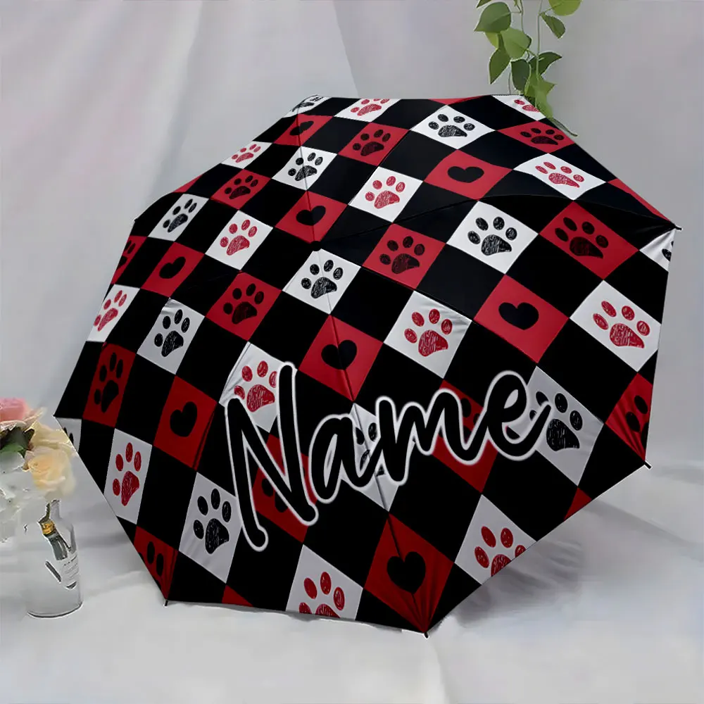 Custom Name Umbrella Paw Print and Heart Pattern Umbrella Design Print 8 Iron Ribs Folding Umbrella Auto-Open Fashion Sunshade