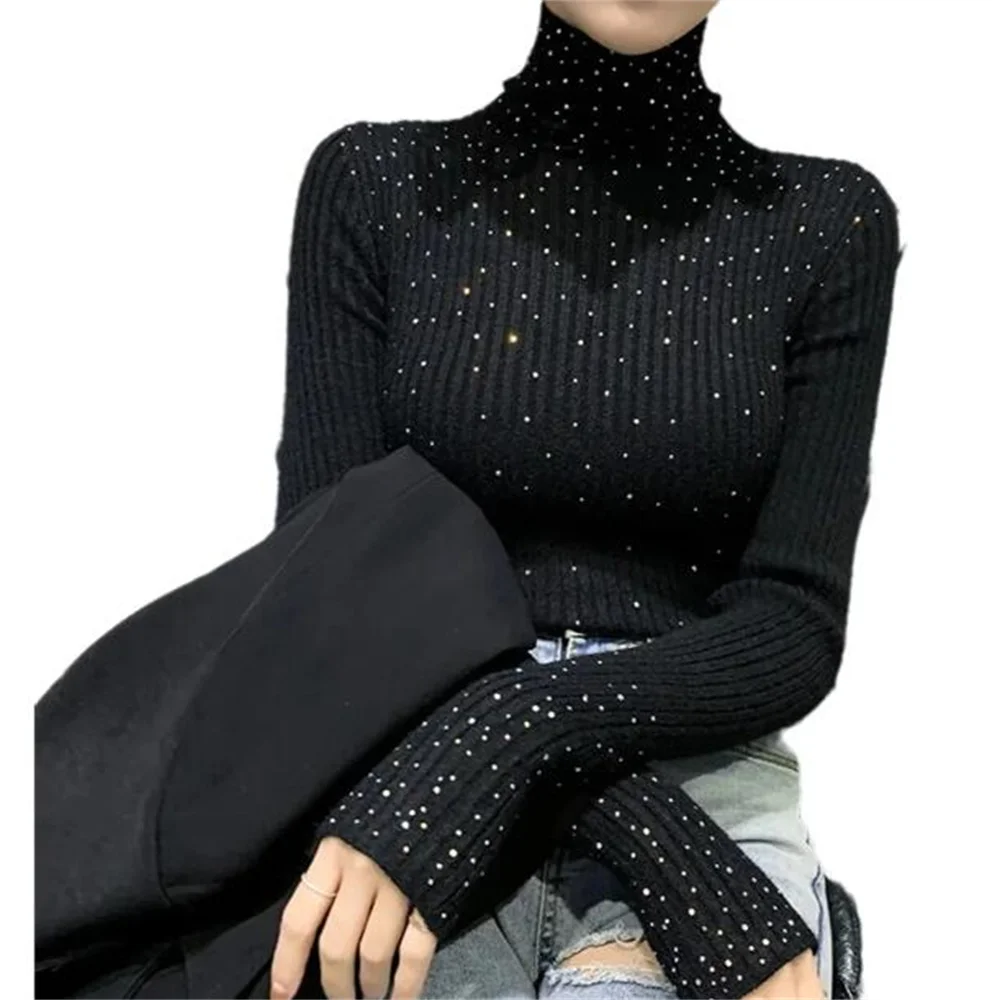 

Autumn Winter Fashion Sweater Fall Winter Slim Thin Knitted Bottoming Shirts Turtleneck Pullovers Sequined Undershirts Tops