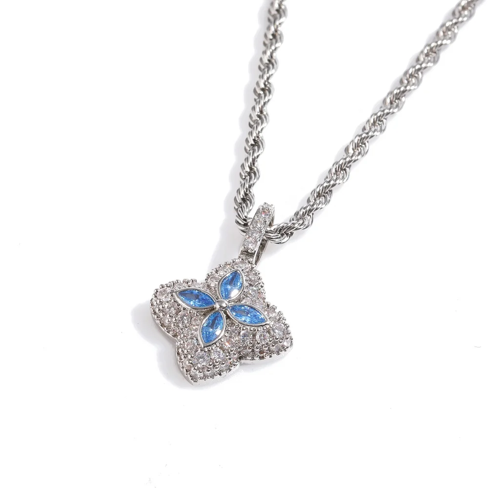 Naszyjnik z zawieszką w kształcie kwiatka z lodowym błękitem i cyrkoniami sześciennymi 5A+, modny naszyjnik z łańcuszkiem typu rope, luksusowy prezent w stylu hiphop dla kobiet i mężczyzn.