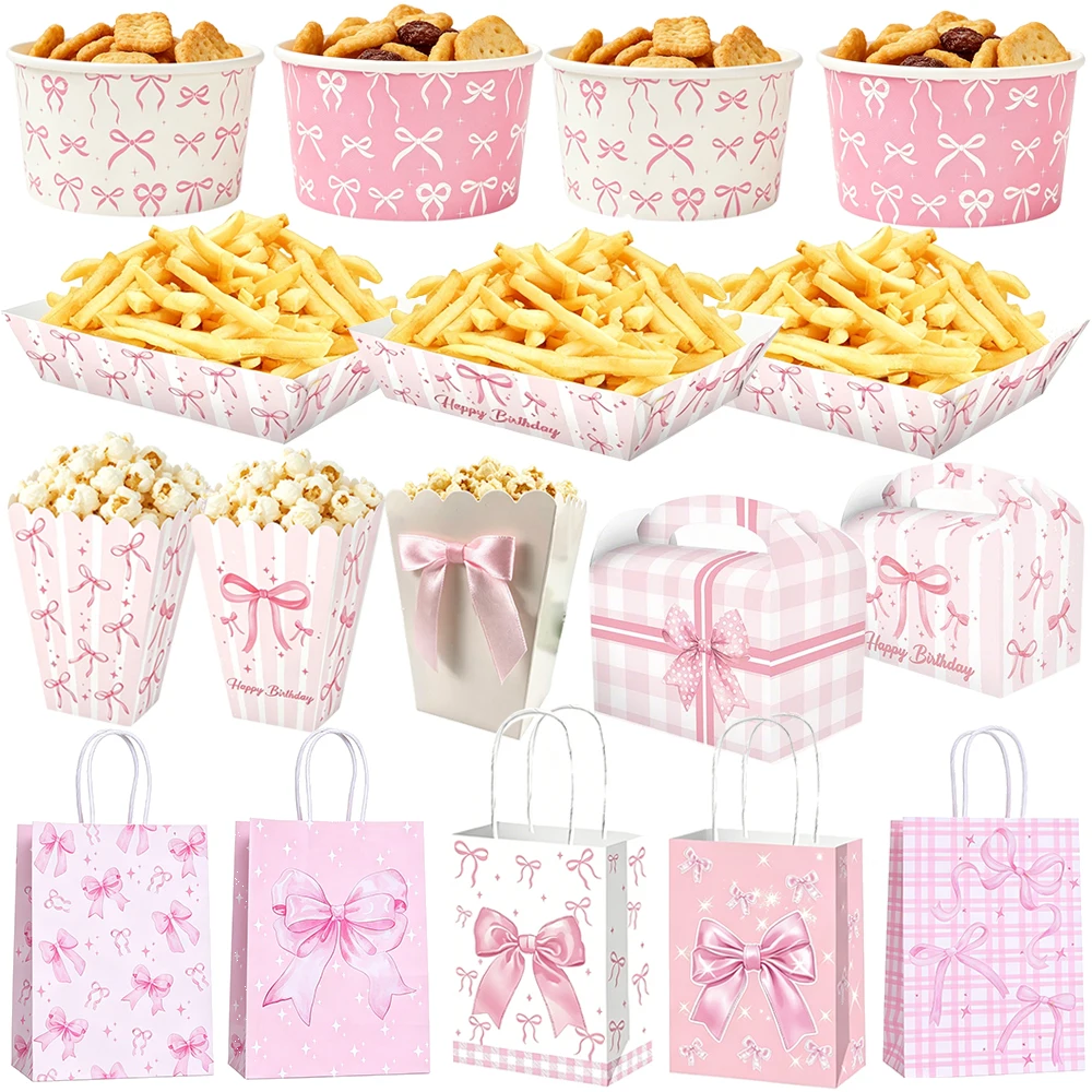 6 Stück Rosa Schleife Party-Geschenkboxen Papiertüten Papierschalen Popcorn-Boxen Lebensmittelbehälter Bootförmige Schalen für Hochzeit Geburtstag Brautparty Dekoration
