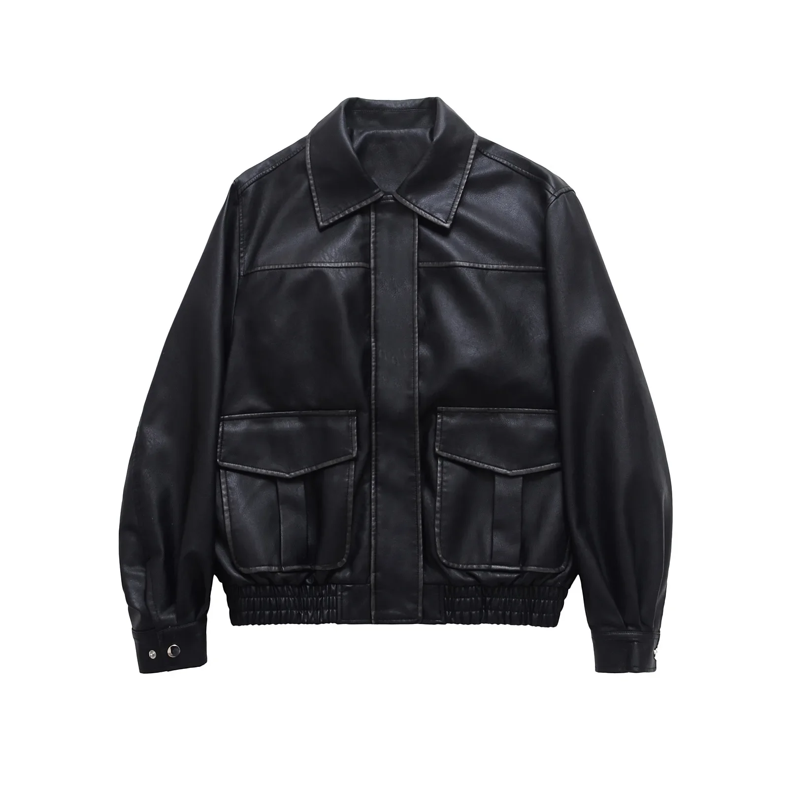 

Loose Streetwear Splice Work Jacket Autumn Winter 2025 Faux Leather Women Jackets Coats Turn Down Collar Coat Casual