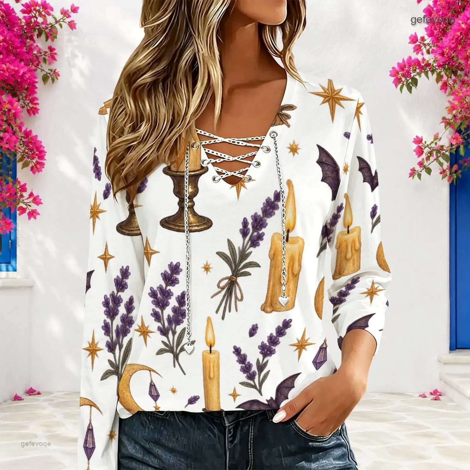 Women White Printed Long Sleeve V Neck Chain Lace Up Top with Lavender Candle Bat Star Patterns