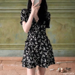 Cute Black Chiffon Dress Summer Lace-Up Slim Waist A Line Sweet Girls Holiday Date Wear Women Dress Chic Korean Clothes