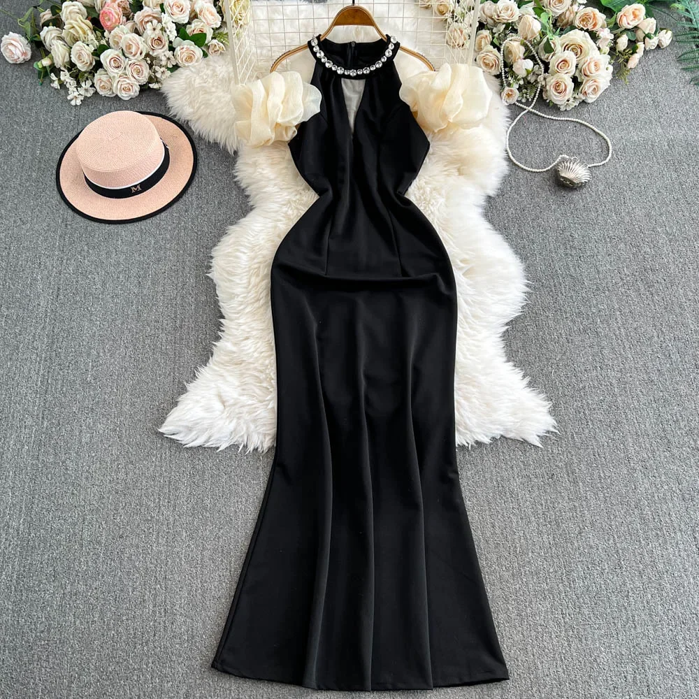 Elegant Halter Hollow Out Hotsweet Lotus Leaf Sleeves Chic Rhinestone Slim Mermaid Dresses Evening High Street Autumn Clothing