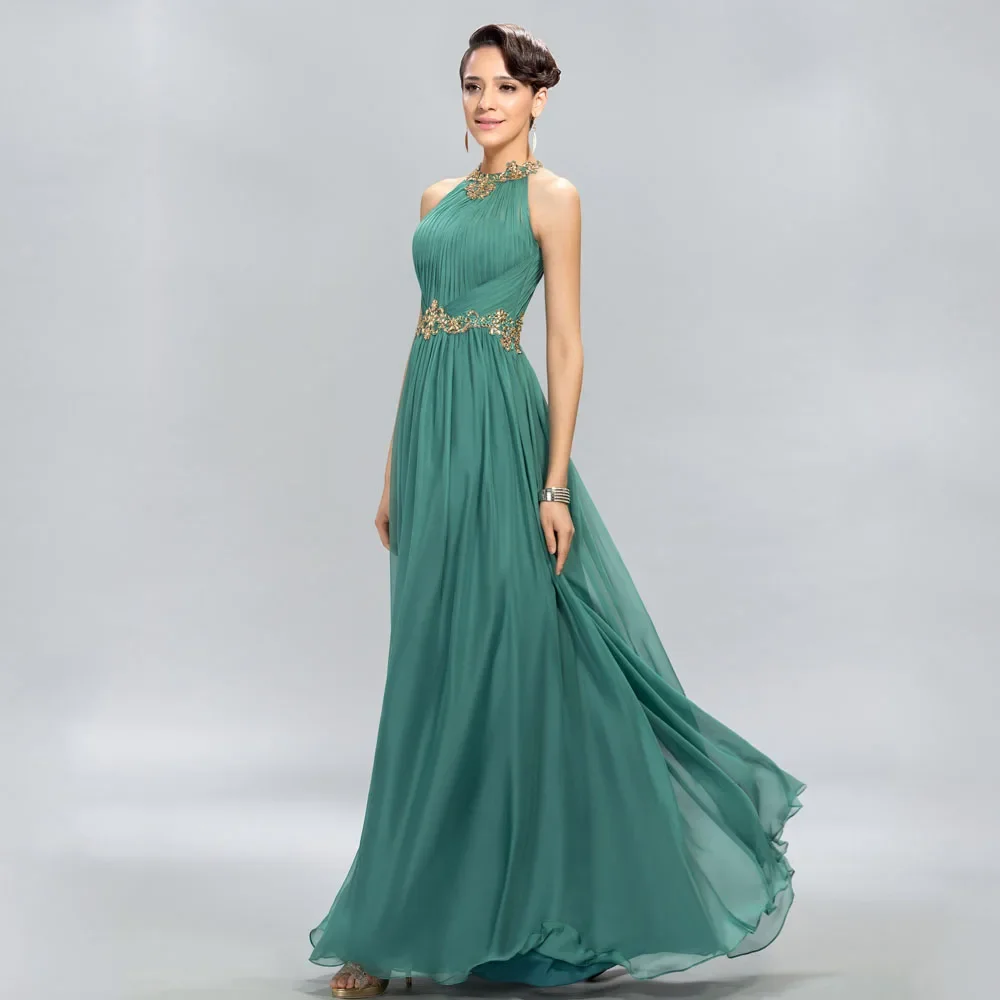 

Halter Beading Elegant Party Dress Floor-Length Sleeveless Vestido De Noche Vintage A-Line Chiffon Evening Dresses prom dress