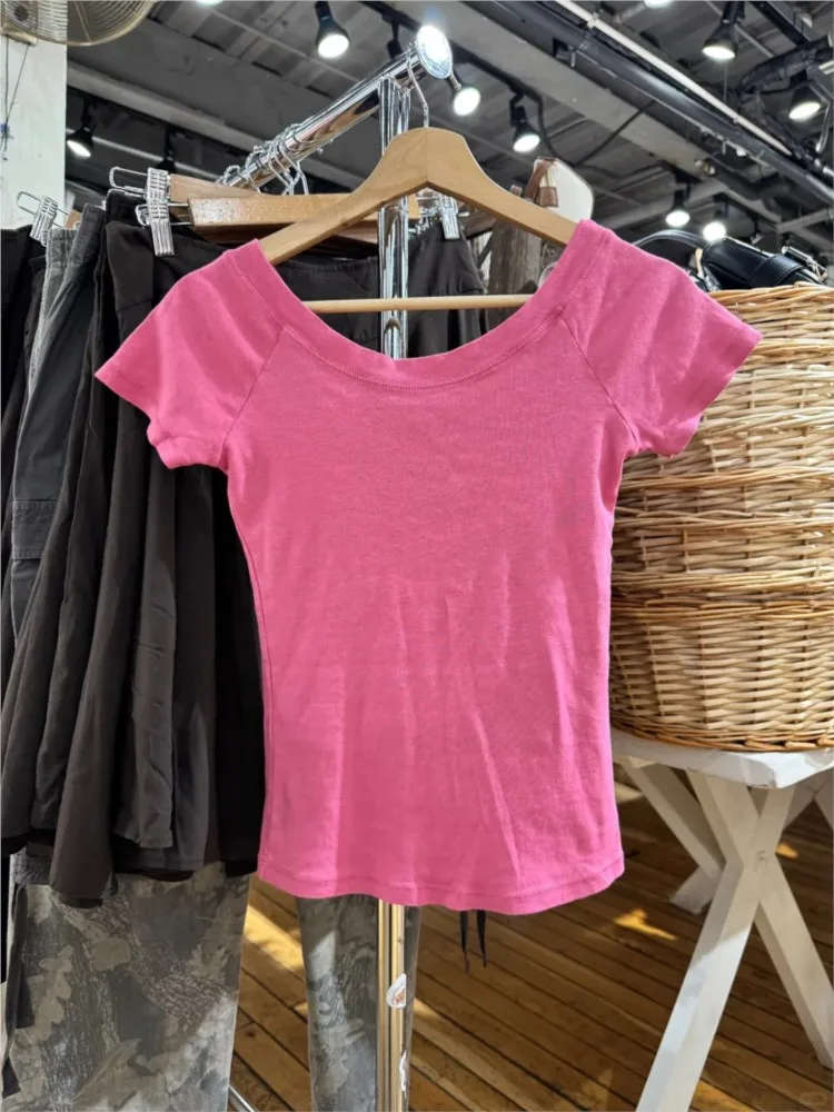 Rose Pink Slash Neck T-shirt Women Casual Preppy Style Slim Short Raglan Sleeve Cotton Tee Shirts Sweet Preppy Style Tshirts Y2K