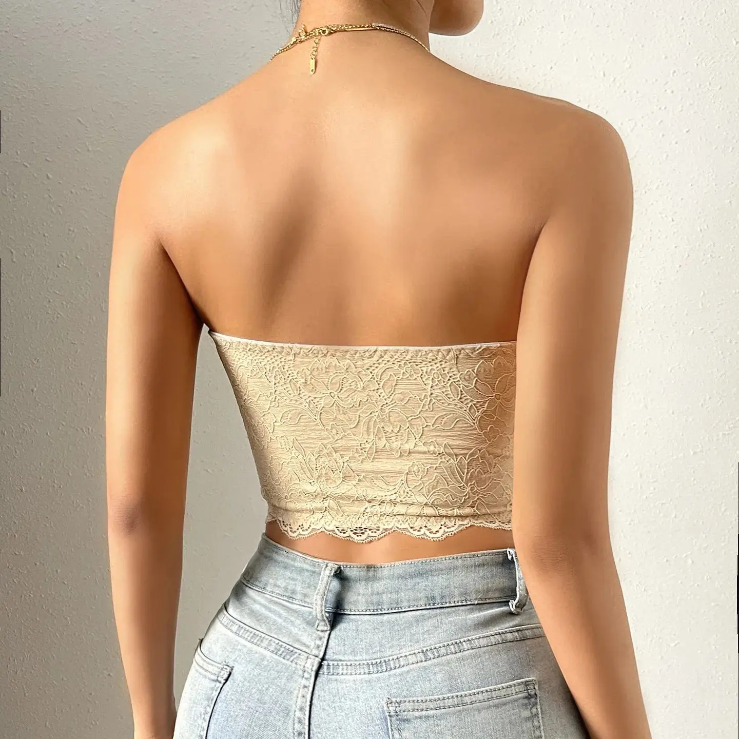 Korset Bustier tanpa tali seksi wanita Tank Top crop dengan bulu musim panas kamisol renda tanpa lengan Lingerie ramping Tube Top