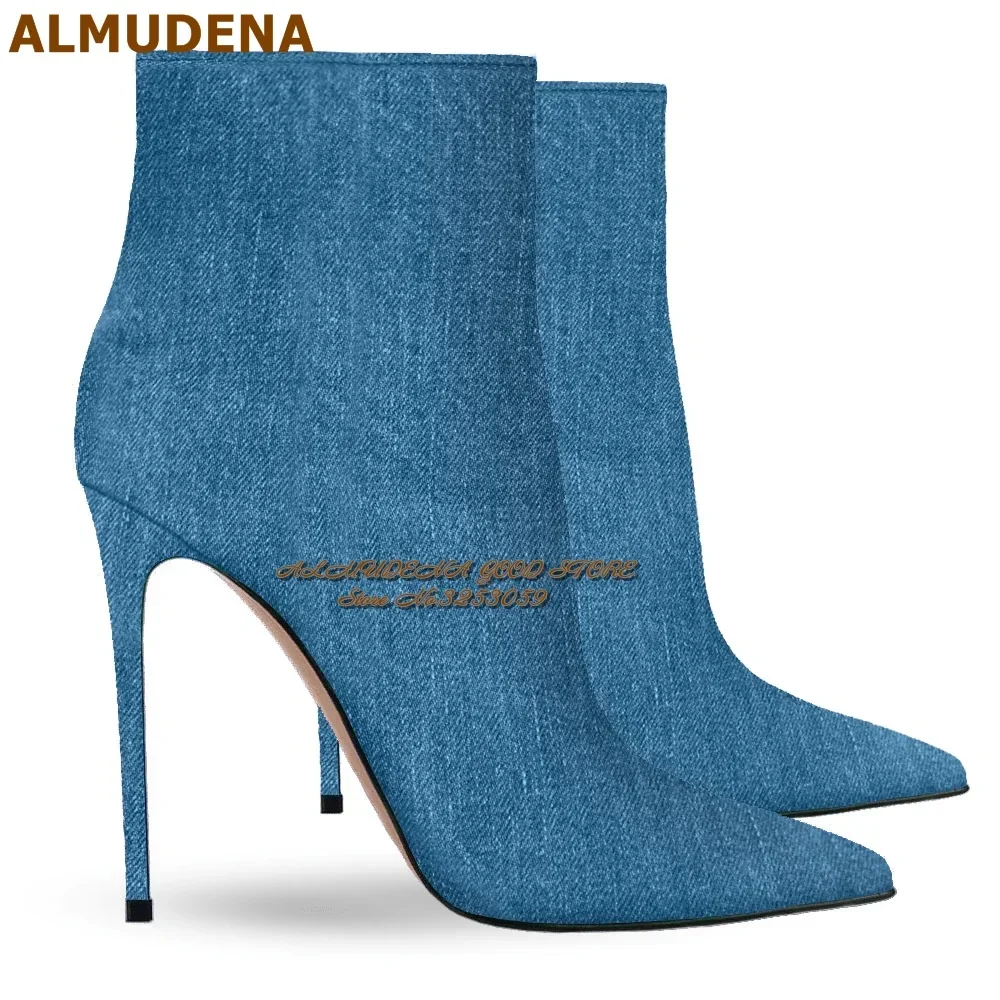 ALMUDENA Blue Denim Stiletto Heels Ankle Boots Pointed Toe Jeans Material Short Booties Zipped Elegant Dress Shoes Size 46