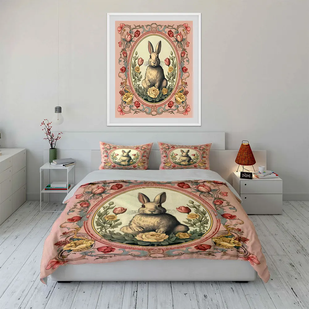 3pcs Retro floral bunny illustration Duvet Cover Set with 3D Printing Design Soft Polyester Bedding Set All-Season Comfort