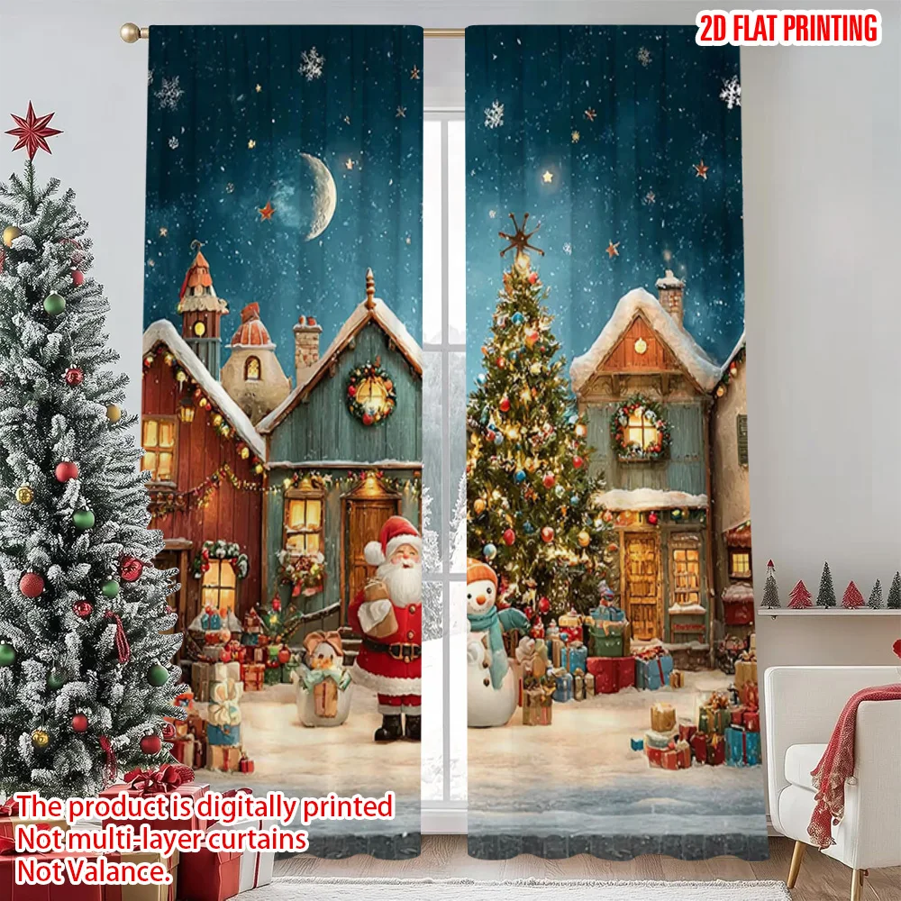 

2pcs 2D flat printing Merry Christmas Popular Curtain Santa Claus and Trees 100% Polyester Without Electricity Party Decorations