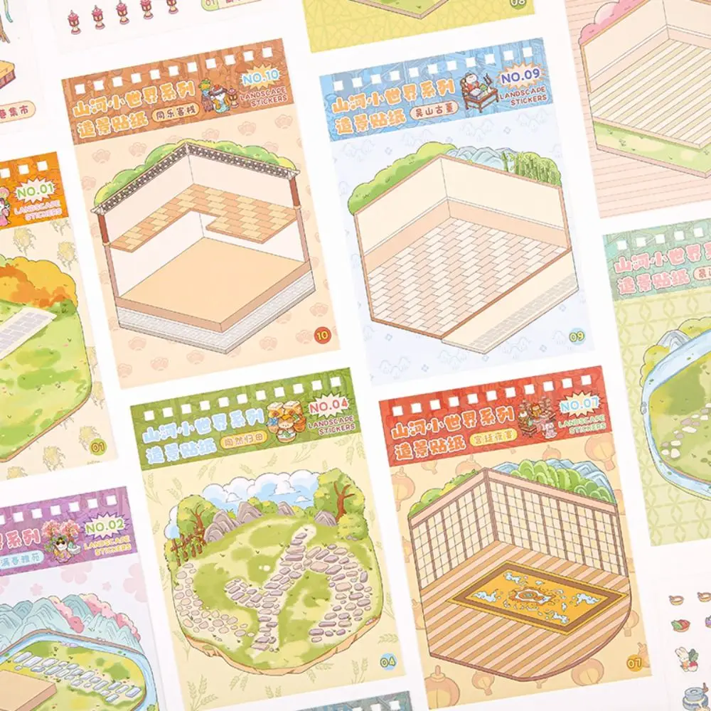 

10-in-1 Miniature Landscape Sticker Collection Chinese Style PET 3D Landscape Sticker Cartoon Decompression