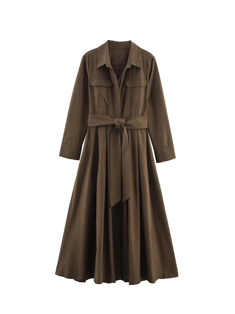 Vestidos largos elegantes con cinturón y cuello de solapa para mujer, vestido camisero informal de manga larga con una botonadura, ropa de calle OL lisa 2025