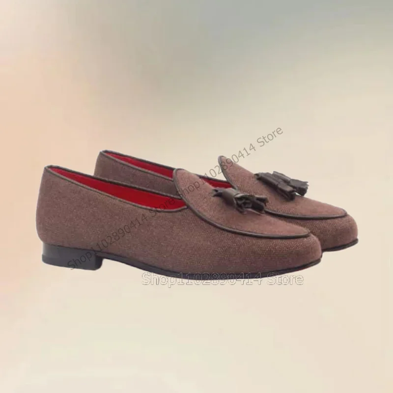 

Brown Leather Tassels Decor Low Top Penny Loafers Fashion Slip On Men Shoes Luxurious Handmade Party Banquet Men Casual Shoes