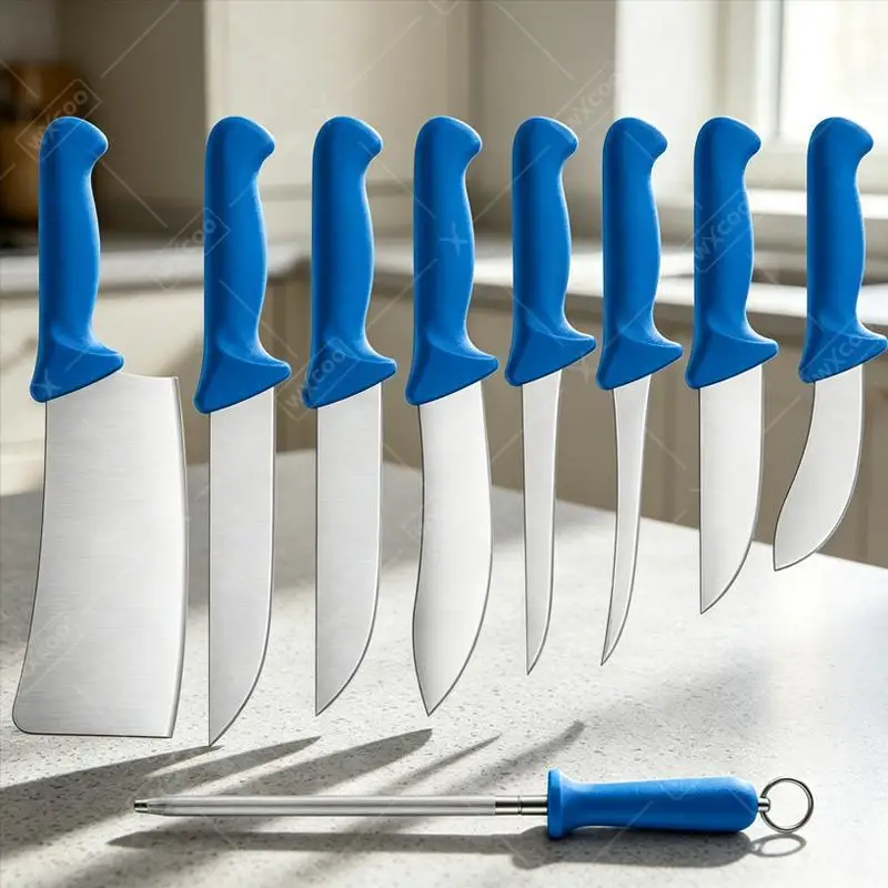 WXCOO Butcher Boning Knife Set Fish Fillet Slicing Cleaver 1-9 Pcs Stainless Steel Blue Plastic Handle with Bag Honing Rod