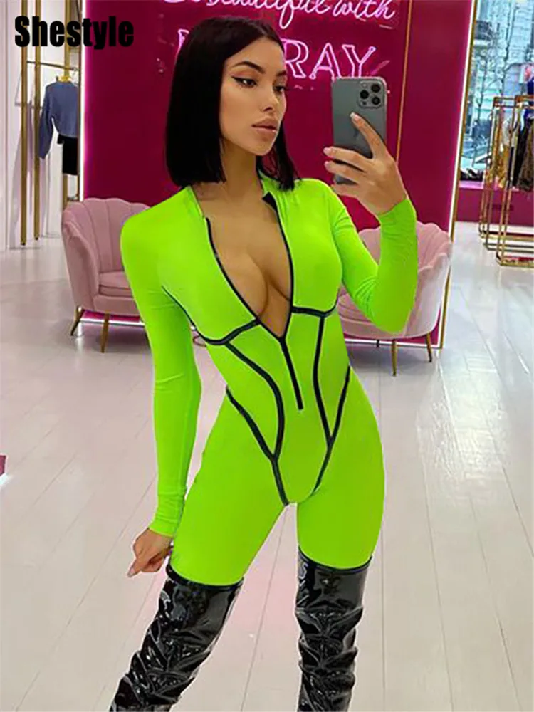 Shestyle Neon Green Bright Jumpsuits for Women Bodycon Zipper Fly Mock Neck 2024 Autumn Long Sleeve Sporty Casual Hot Fashion