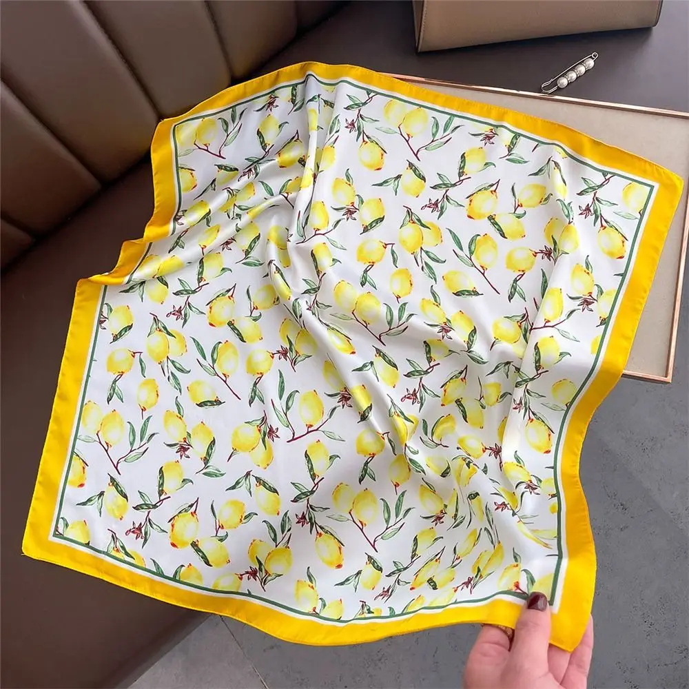 Lightweight 70x70cm Square Silk Scarf Lemon Print Elegant Head Wrap Hair Band Spring Summer Shawl for Women