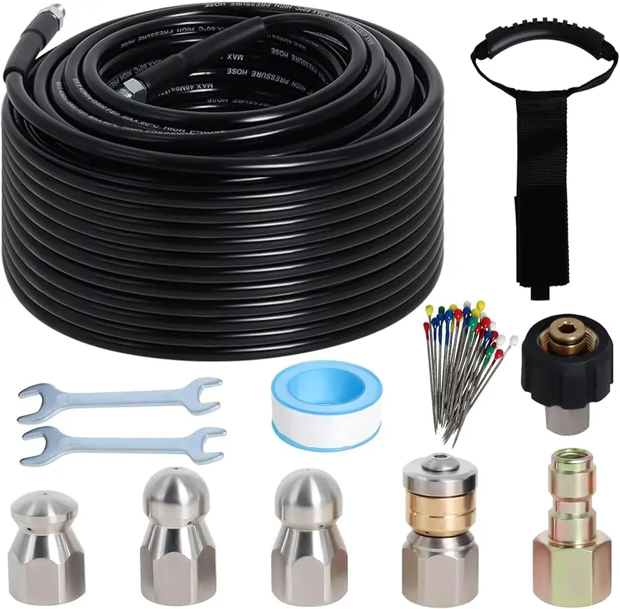 

100FT Sewer Jetter Kit for Pressure Washer, 5800PSI Drain Cleaner Hose 1/4 Inch NPT Corner with 4 Sewer Jetting Nozzles，Waterpro