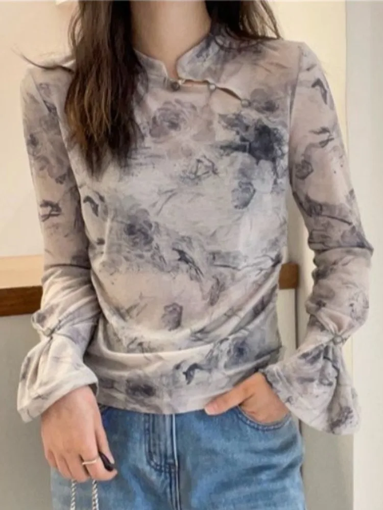 Retro Style Long Sleeve T-Shirt Comfortable Inner Wear Base Shirt Mountain Water Print Design Button up High End Feeling Top