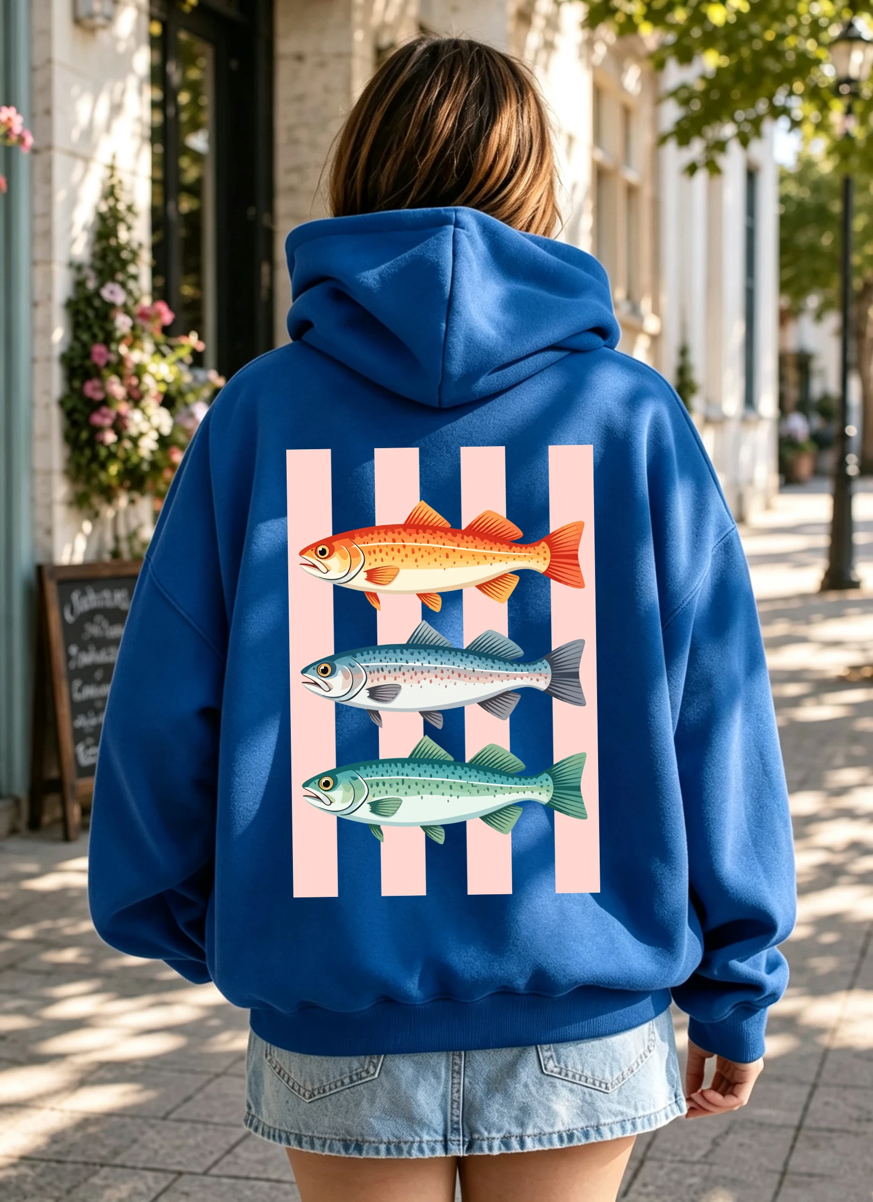 Three Fish Set Colorful Ocean Printing Women Hoodies Pocket Loose Streetwears All-Match Fleece Clothing Casual Autumn Hoody
