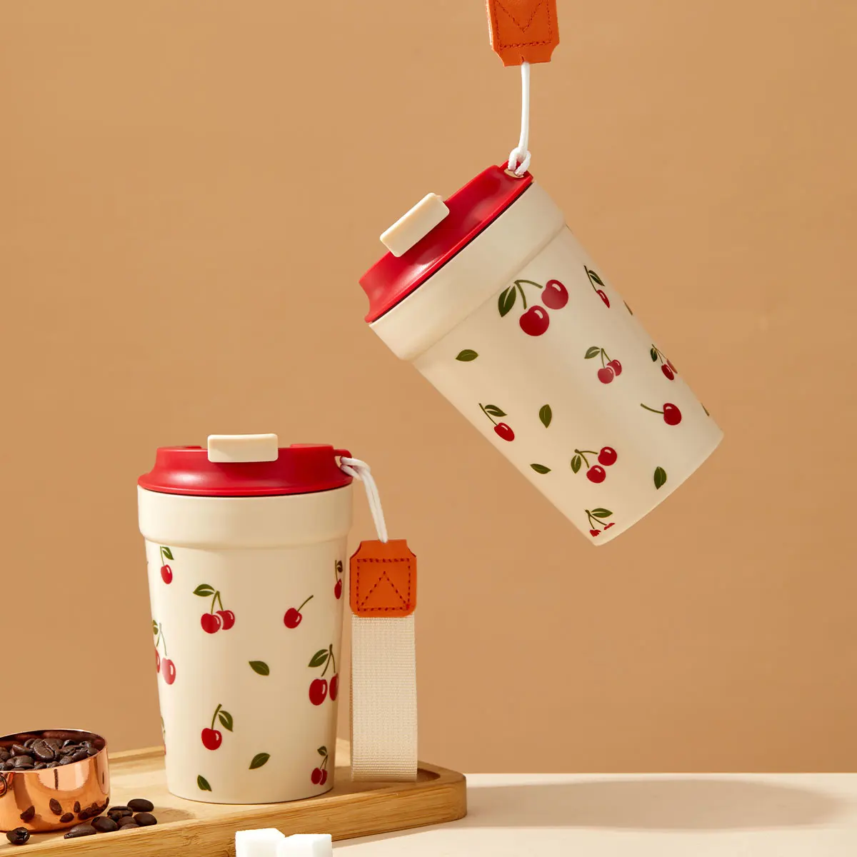 WORTHBUY Reise tragbare Kunststoff-Kaffeetasse mit Nylonseil, auslaufsicherer Wasserbecher für Studenten, kälte- und hitzebeständige Milchkaffeetasse