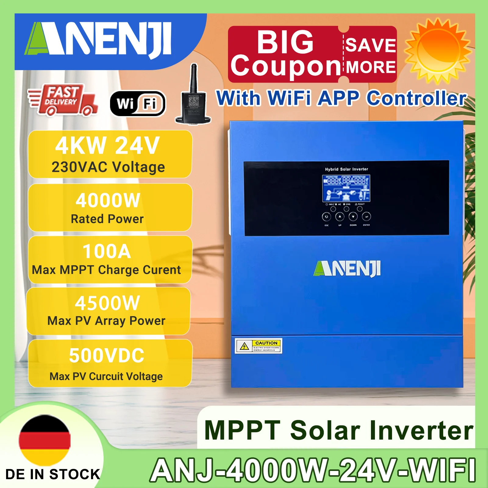 4KW Solar Inverter Hybrid Off Grid 230V MPPT 100A PV 500VDC Pure Sine Wave Solar Controller With WIFI Support BMS