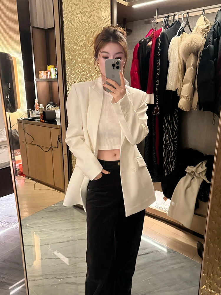 

Ele White Woolen Casual Suit Jaet for Women High-End Feelings Harajuku Sle Autumn New Arrival Faionable Busin Wear