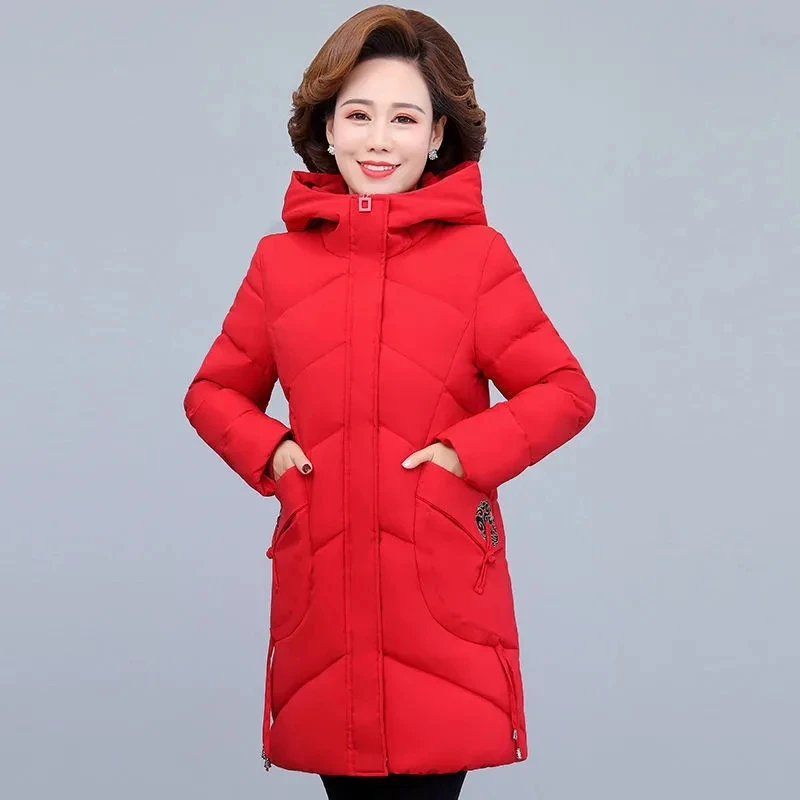 Winter Solid Color Embroidery Hooded Mid-length Cotton Coat Middle-aged And Elderly Loose Fashion Winter Thickened Padded 