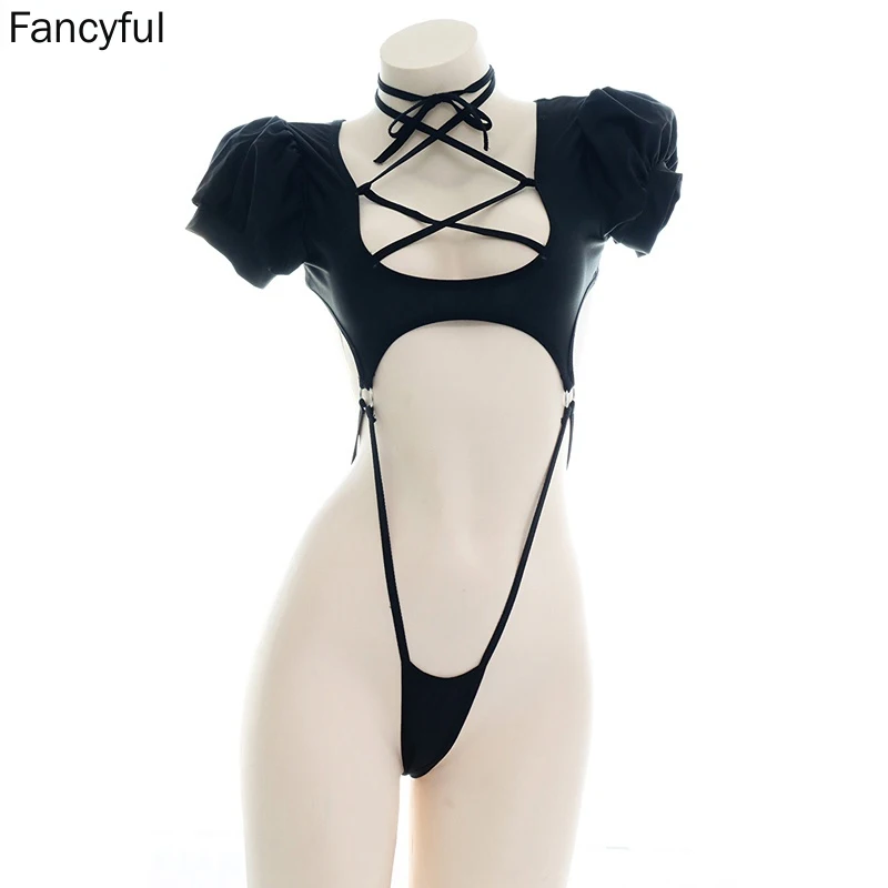 

Anime Bodysuit Swimwear Uniform Pool Party Cosplay Costume Cross Straps Student Puff Sleeve Black One-piece Swimsuit for Female